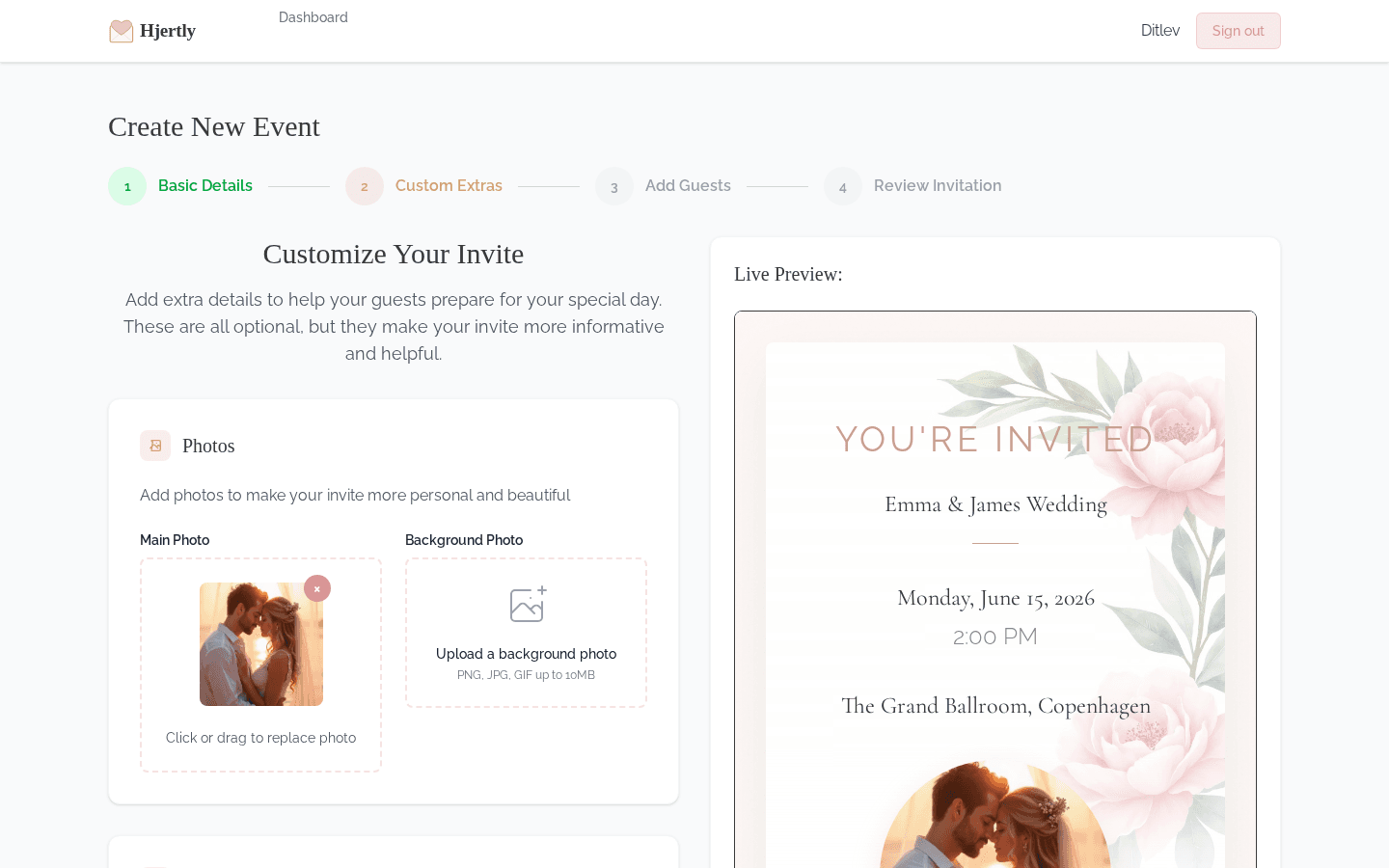 Custom event fields including dress code, parking, and accommodations