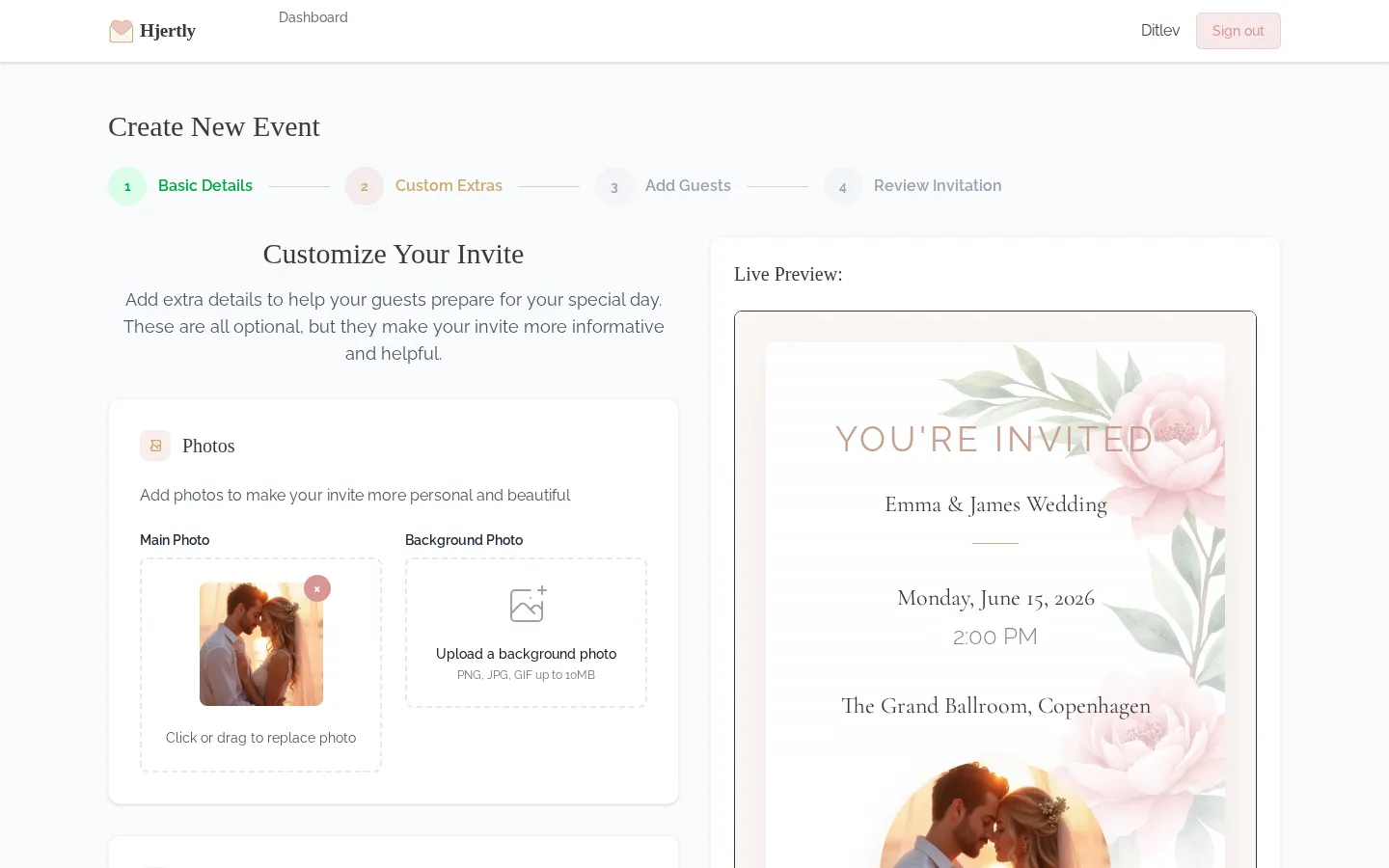 Custom event fields including dress code, parking, and accommodations